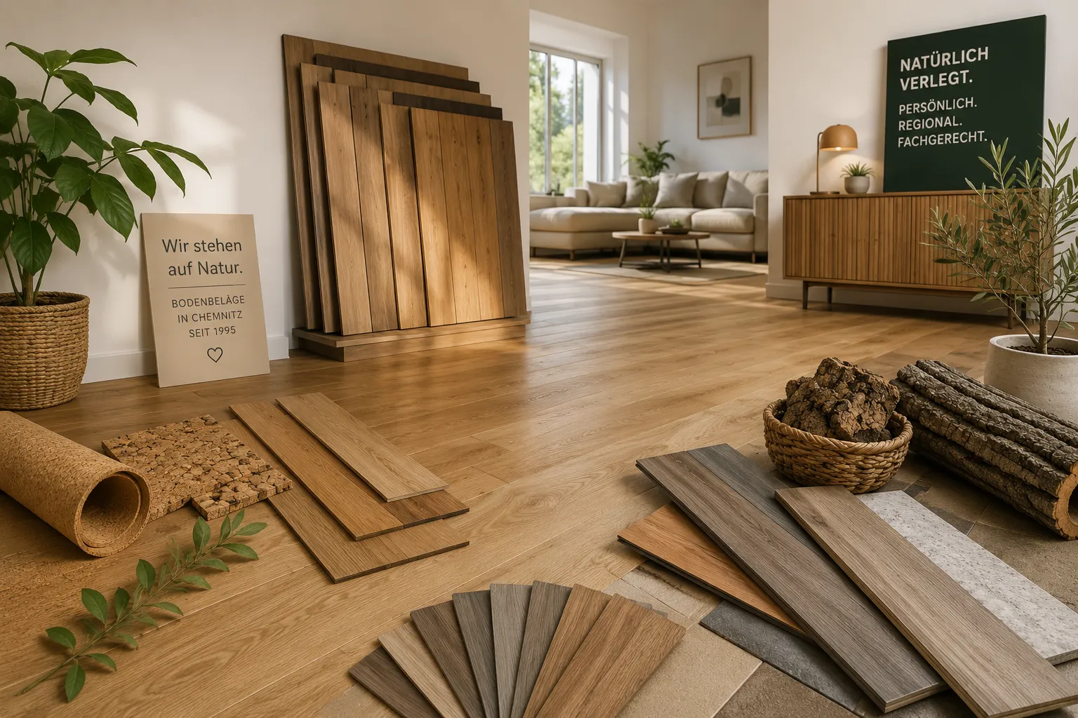 Wohnraum mit ausgelegten Bodenmustern aus Kork, Parkett, Laminat und Vinyl auf Eichendielen