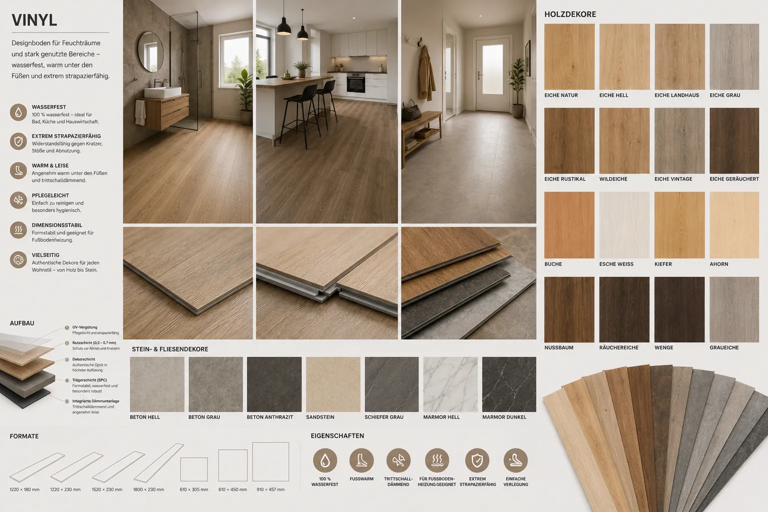 Übersichtstafel Vinyl-Designboden mit Holz- und Steindekoren, Aufbau, Formaten und Eigenschaften